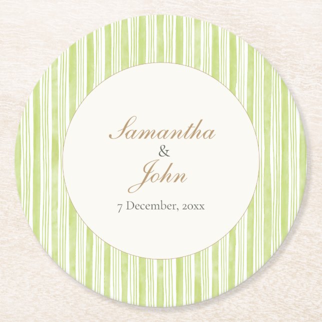 Citrus Green Striped Couple Name Retro Wedding Runder Pappuntersetzer (Vorderseite)