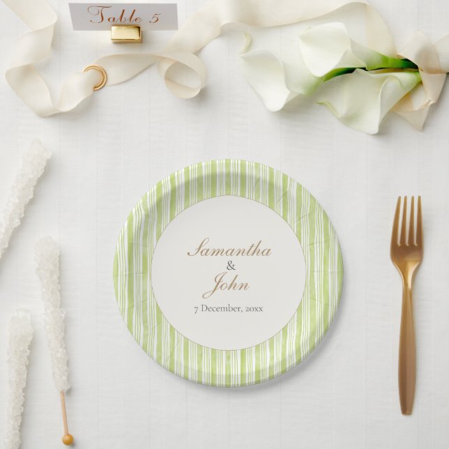 Citrus Green Striped Retro Wedding Paper Plates Pappteller (Hochzeit)