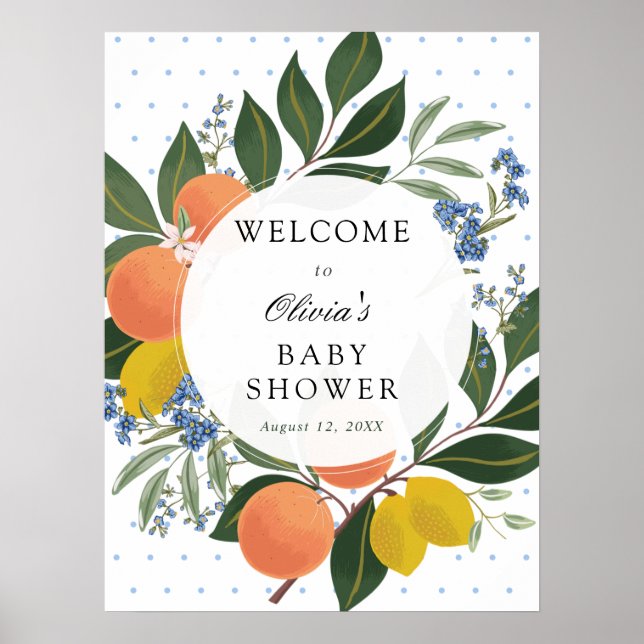 Citrus Greenery Blue Baby Dusche Begrüßungszeichen Poster (Vorne)