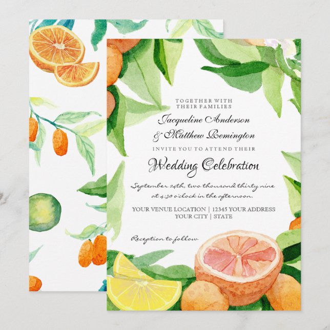 Citrus Kumquat Lemons Orange Greenerie Wasserfarbe Einladung (Vorne/Hinten)