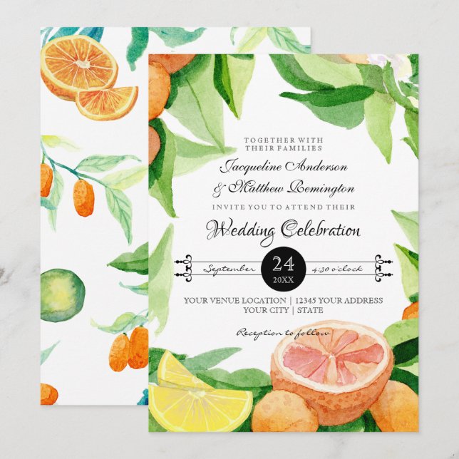 Citrus Kumquat Lemons Orange Typografie Leaf Kunst Einladung (Vorne/Hinten)