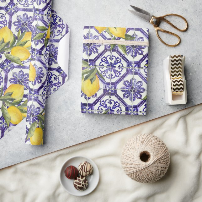Citrus Lemon Blauer portugiesischer Tile Mittelmee Geschenkpapier (Kunsthandwerk)