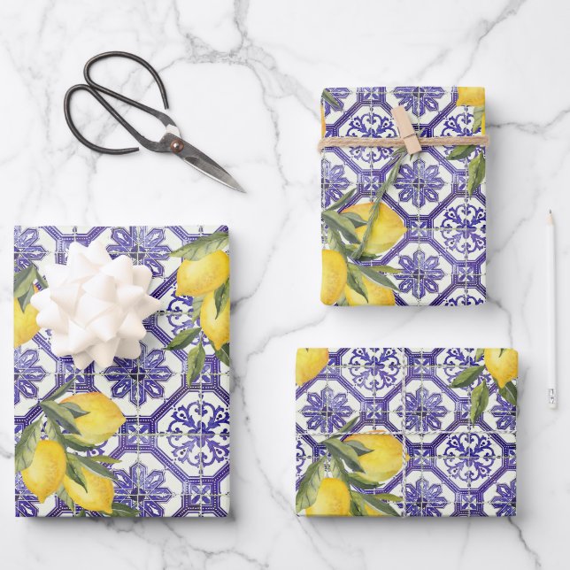 Citrus Lemon Blauer portugiesischer Tile Mittelmee Geschenkpapier Set (Vorderseite)