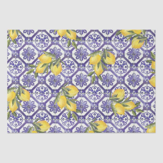 Citrus Lemon Blauer portugiesischer Tile Mittelmee Seidenpapier (Vorderseite)