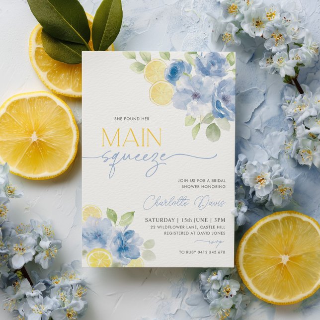 Citrus Lemon Blue Brautparty Einladung (Main Squeeze Blue Lemon Bridal Shower Invitation | Blue Flowers and Lemon Slices)