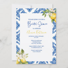 Citrus Lemon Blue Tile Bridal Dusche Einladung