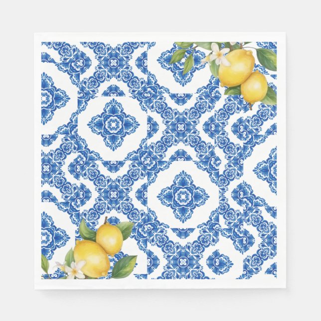 Citrus Lemon Blue Tile Bridal Paper Napkins Serviette (Vorderseite)