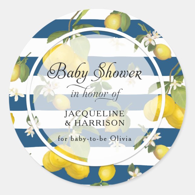 Citrus Lemon Blumenfoliage Navy in White Strip Runder Aufkleber (Vorderseite)