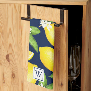 Citrus Lemon Botanical Monogram Navy Blue Geschirrtuch