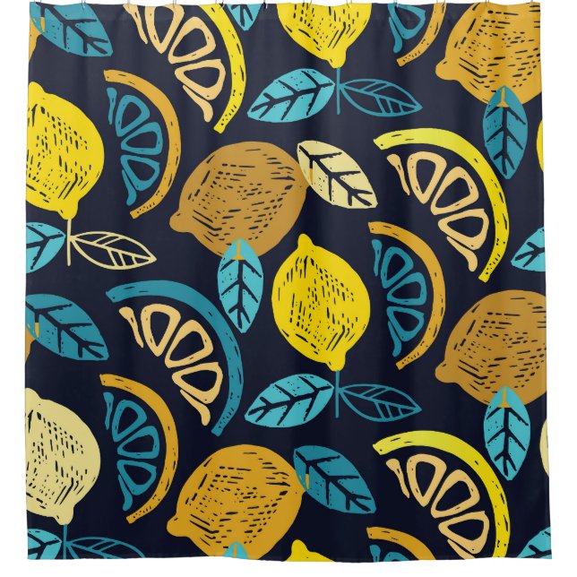 Citrus Lemon Doodle Muster Hintergrund Duschvorhang (Vorderseite)