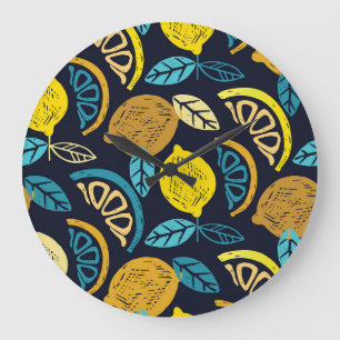 Citrus Lemon Doodle Muster Hintergrund Große Wanduhr