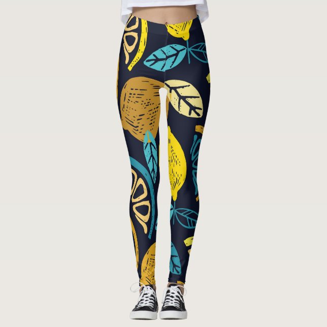 Citrus Lemon Doodle Muster Hintergrund Leggings (Vorderseite)