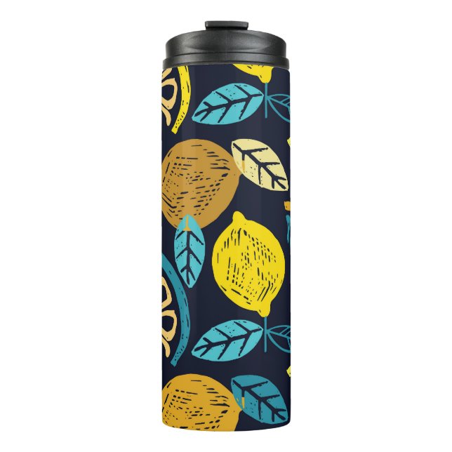Citrus Lemon Doodle Muster Hintergrund Thermosbecher (Vorderseite)