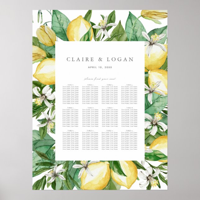 Citrus Lemon Floral Wasserfarbe Seating Charts Poster (Vorne)