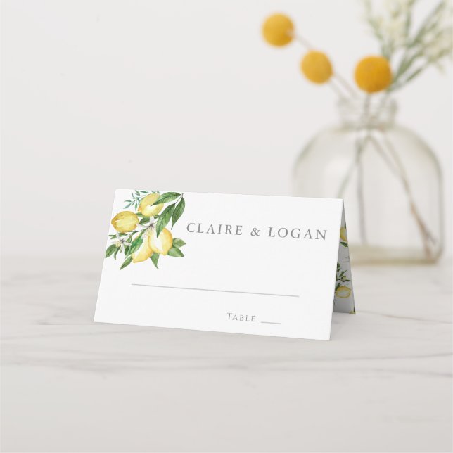 Citrus Lemon Floral Watercolor Platzkarte (Vorderseite)