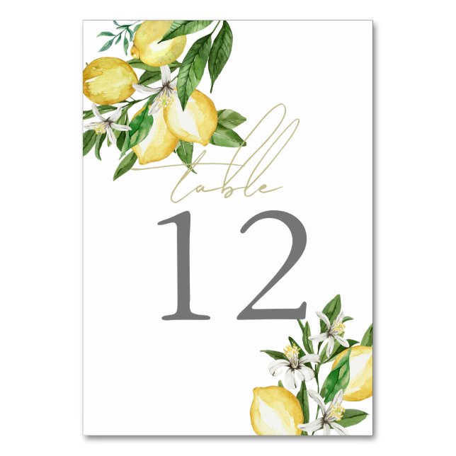 Citrus Lemon Floral Watercolor Tischnummer (Vorderseite)
