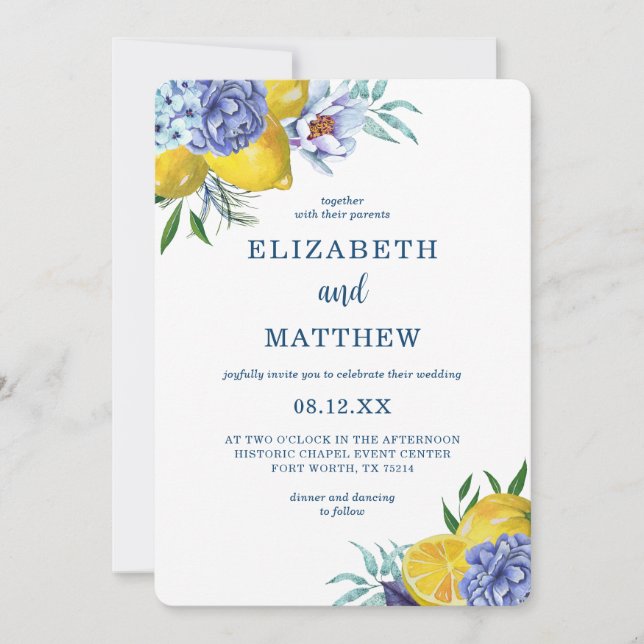 Citrus Lemon Floral Wedding Einladung (Vorderseite)