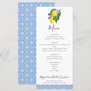 Citrus Lemon Mediterranean Blue Bridal Luncheon Menükarte