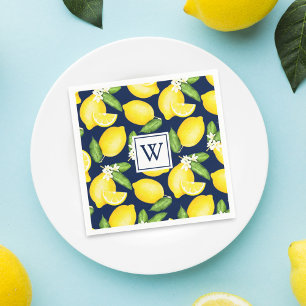 Citrus Lemon Navy Blue Monogram Napkins Serviette