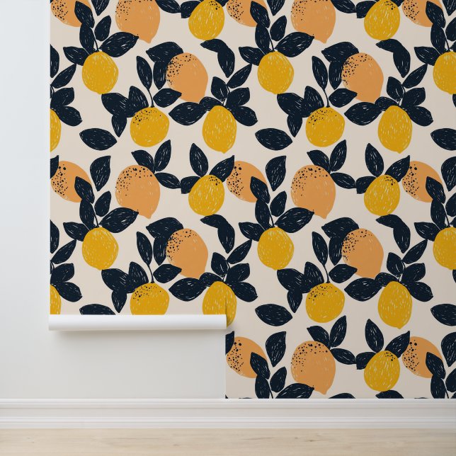 Citrus Lemon Orange Abstrakt Moderne Muster Tapete (Anwendung)