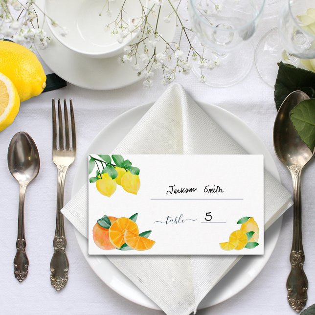Citrus Lemon und Orange Wedding Table Platzkarte Visitenkarte (Lemons and oranges citrus wedding budget place name cards)