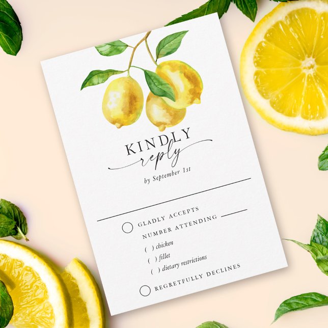 Citrus Lemon Wasserfarbe Wahl RSVP Karte (The hand-painted watercolor lemon design creates a sophisticated wedding RSVP with meal choice.)