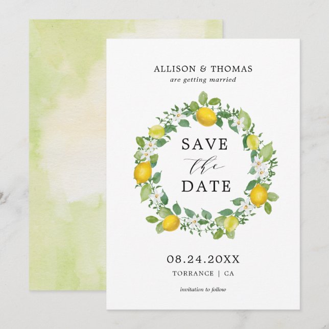 Citrus Lemon Wreath Yellow Wedding Save the Dates Einladung (Vorne/Hinten)