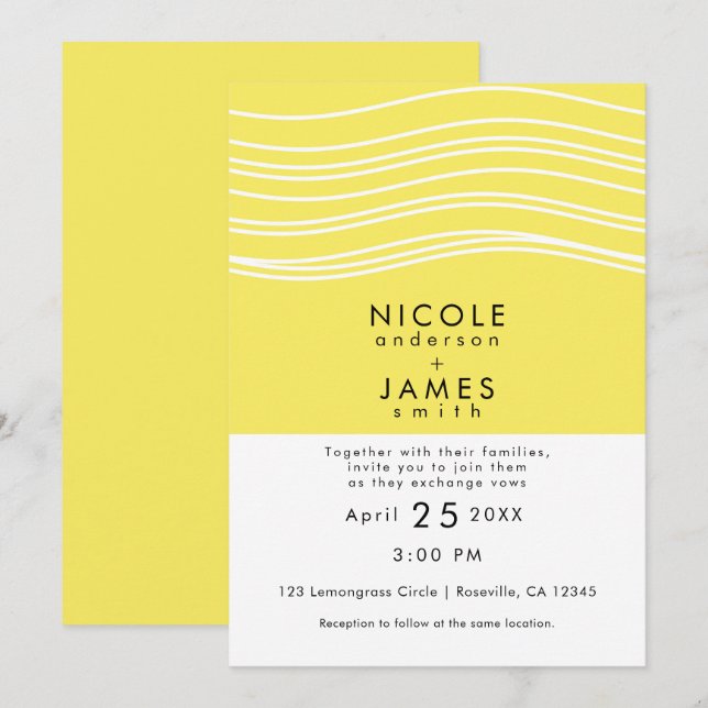 Citrus Lemon Yellow & White Wave Moderne Hochzeit Einladung (Vorne/Hinten)