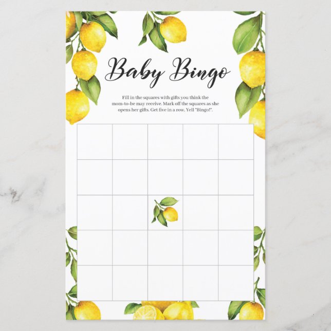 Citrus Lemons Baby Shower Bingo Game Card (Vorderseite)