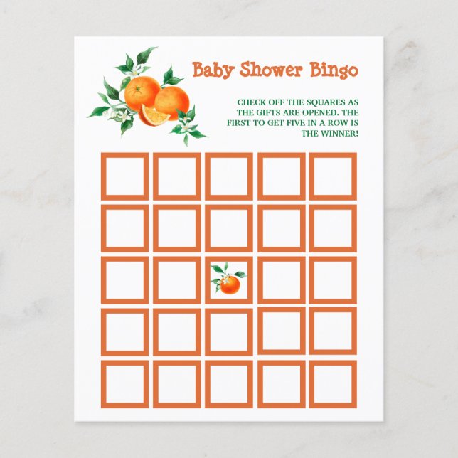 Citrus Little Süsse Babydusche Bingo Game Card (Vorderseite)