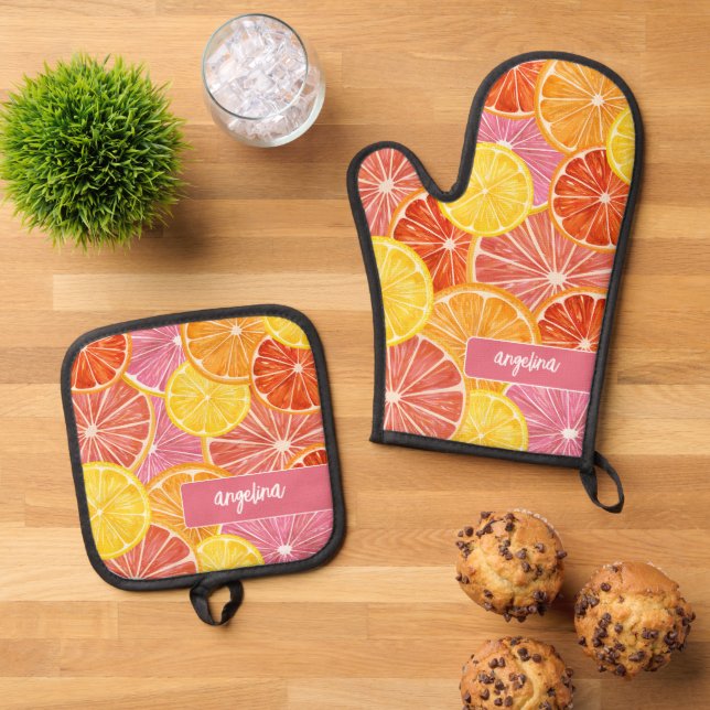 Citrus Muster - Individuelle Name - Rosa Orangenle Ofenhandschuh & Topflappen-Set (Oben Unten)