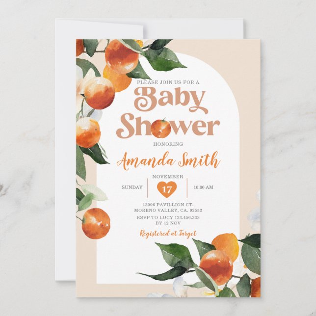 Citrus Orange Baby Dusche Sommer Tropical Floral Einladung (Vorderseite)