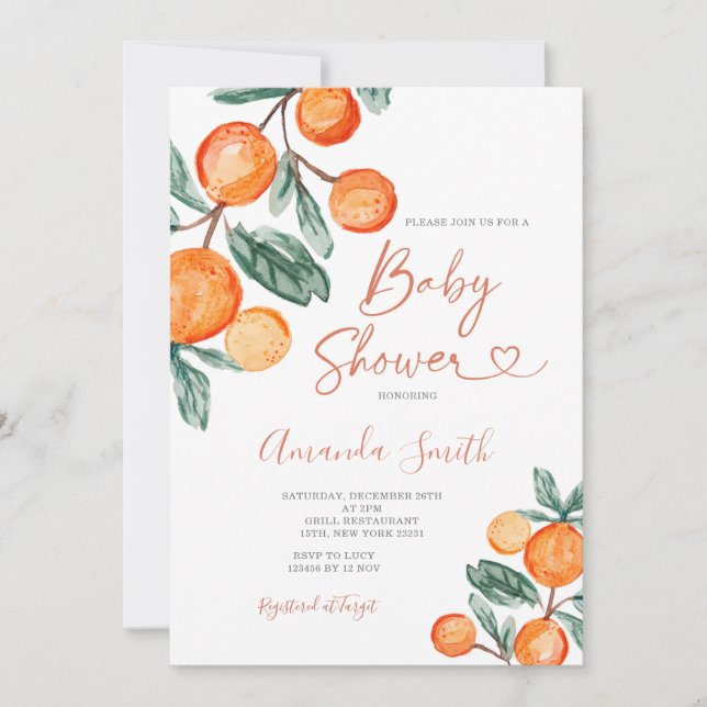 Citrus Orange Baby in Blüte Summer Baby Dusche Einladung (Vorderseite)