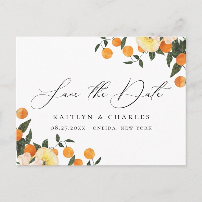 Citrus Orange Bloral Wedding Save the Date Ankündigungspostkarte (Vorderseite)