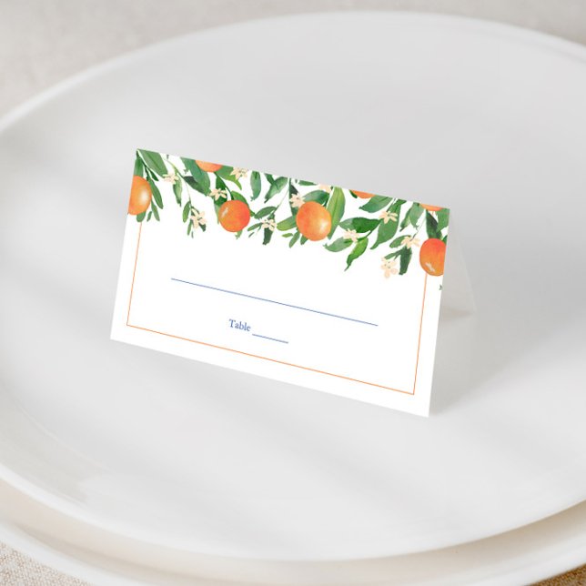 Citrus Orange Blue Tiles Spanish Wedding Party Platzkarte (Positano oranges with blue and white tile print wedding place cards)