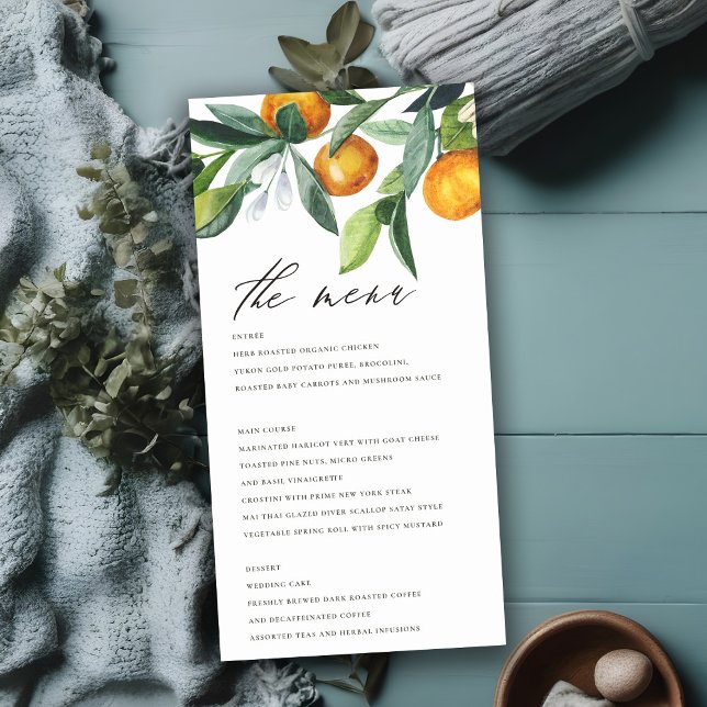 Citrus Orange Botanical Boho Wedding Menu Card Dankeskarte (Von Creator hochgeladen)