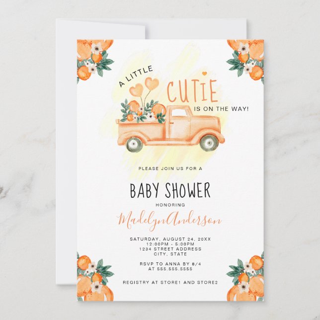 Citrus Orange eine kleine Süsse Babydusche Einladung (Vorderseite)