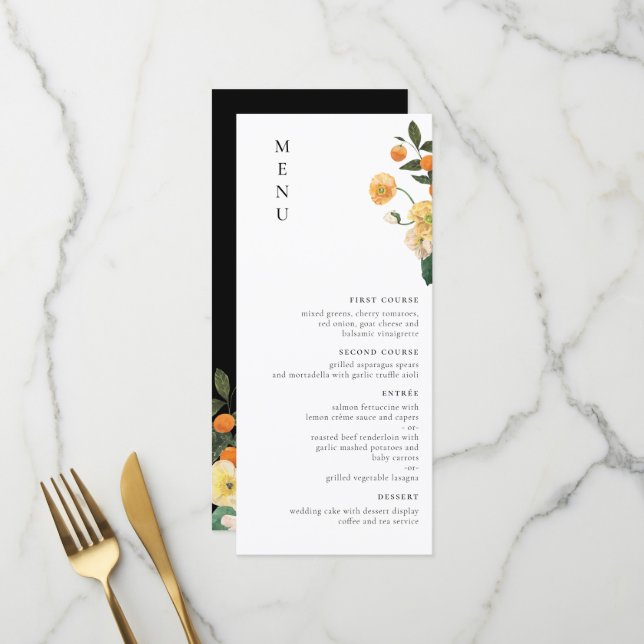 Citrus Orange Floral Minimalistisch Menükarte (Vorderseite/Rückseite Beispiel)