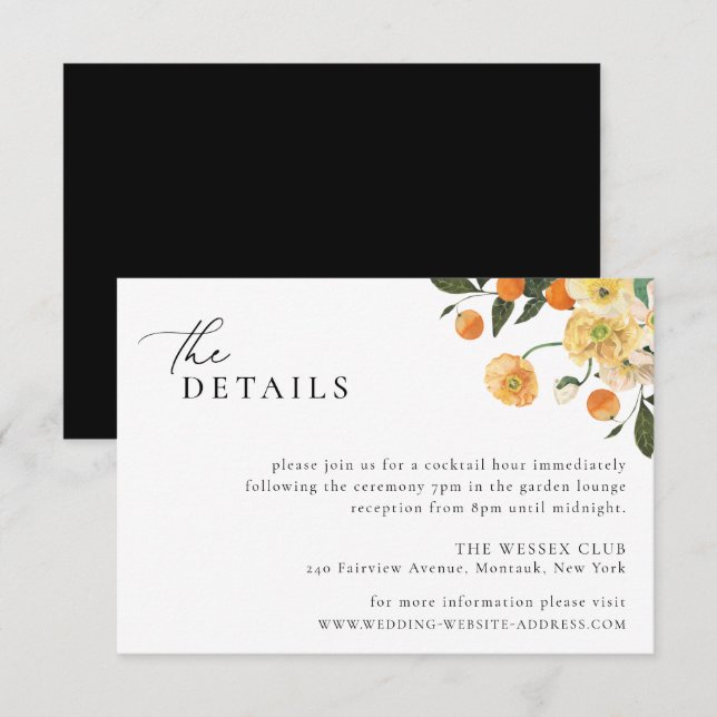 Citrus Orange Floral Wedding Details Card Einladung (Vorne/Hinten)