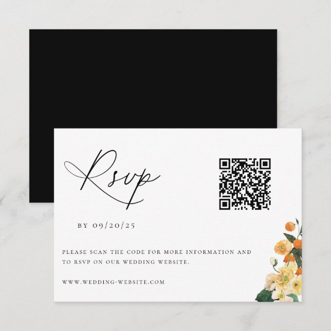 Citrus Orange Floral Wedding QR Code RSVP Karte (Vorne/Hinten)