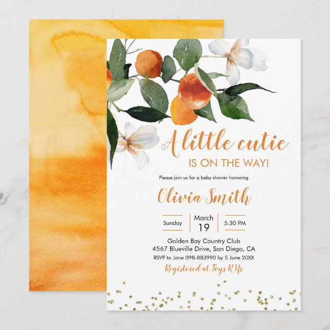 Citrus Orange kleine Süsse ist auf dem Weg Baby  Einladung (Vorne/Hinten)