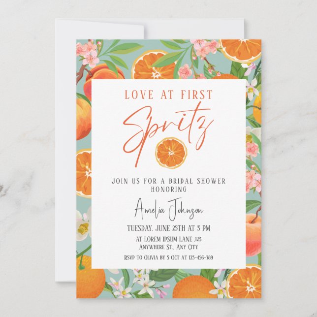Citrus Orange Liebe bei First Spritz Brautparty Einladung (Vorderseite)