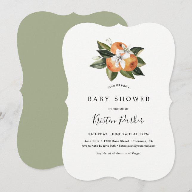 Citrus Orange Modern Baby Dusche Einladung (Vorne/Hinten)