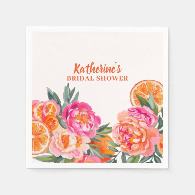 Citrus Orange & Pink Floral Bold Brautparty Serviette (Vorderseite)
