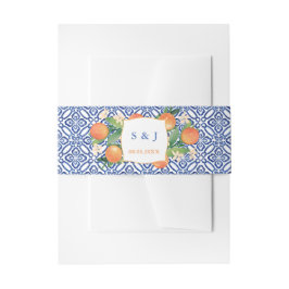 Citrus Orange Spanish Blue White Tiles Wedding Einladungsbanderole