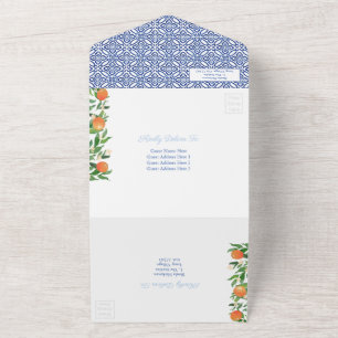 Citrus Orangen Antike Blaue Weiße Fliesen Hochzeit All In One Einladung