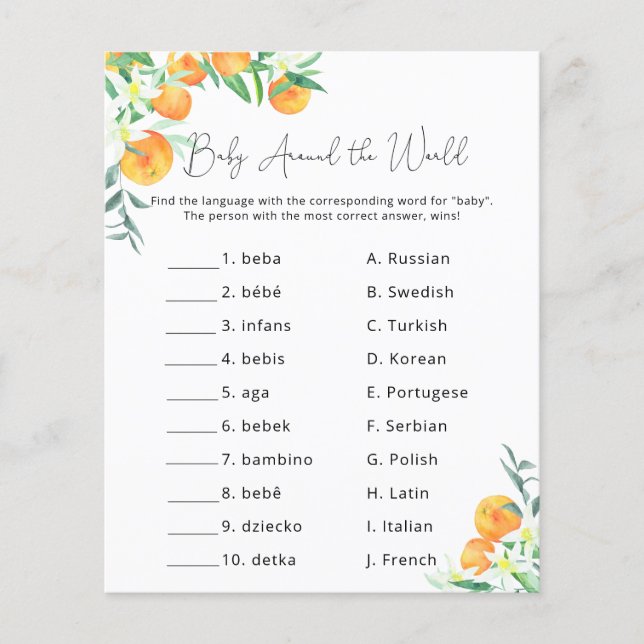 Citrus Orangen - Baby Shower Game (Vorderseite)