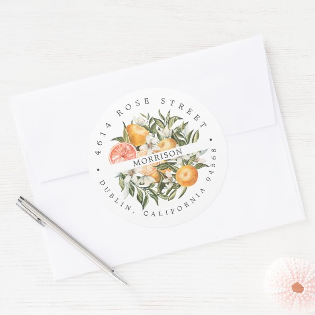 Citrus Orchard | Boho Botanische Rücksendeadresse Runder Aufkleber (Umschlag)