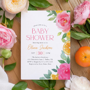 Citrus Pink Floral Baby Dusche Einladung