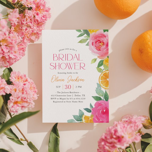 Citrus Pink Floral Bridal Shower Invitation Einladung (Von Creator hochgeladen)